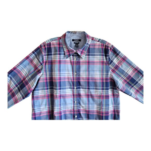 CHAPS by Ralph Lauren Women XL Plaid Striped Contrast Cuff Button Up No Iron 44" - Picture 2 of 8